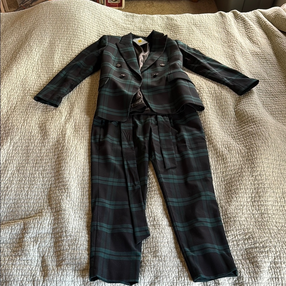 Antonio Melani navy and Green Pantsuit with Classic Plaid Design